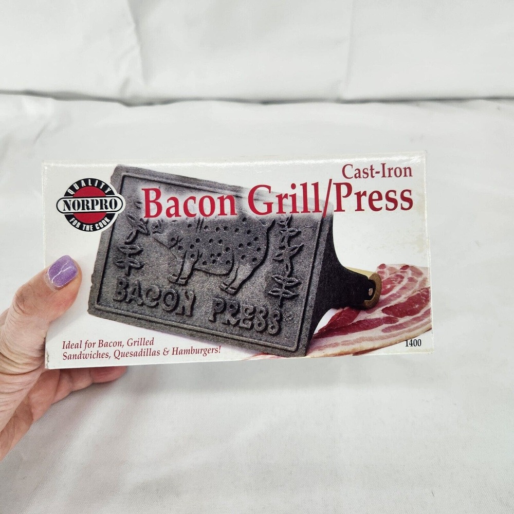NORPRO NEW Old Stock BACON GRILL PRESS New In Box #1400 Cast Iron
